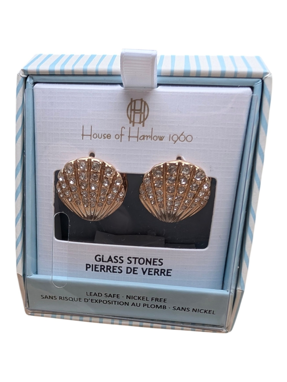 House of Harlow 1960 Gold Shell Stud Earrings with Clear Stones